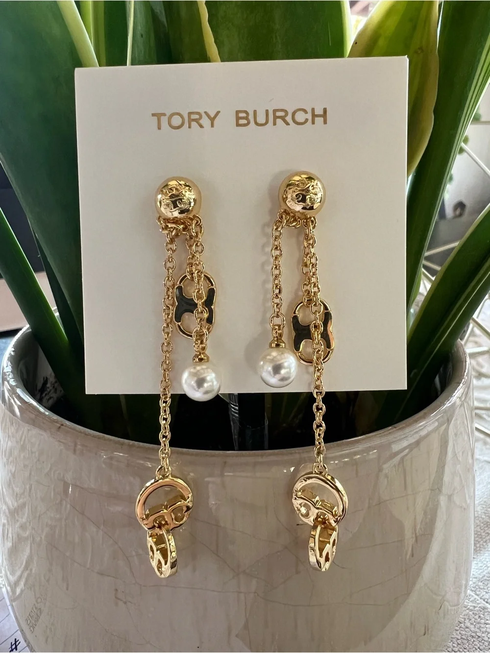 Tory Burch Gold Chain Drop Earrings with  Logo and Pearl